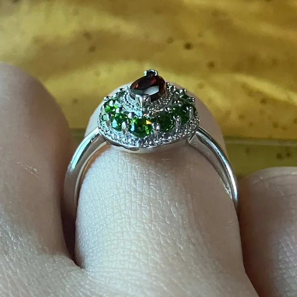 Natural Red Garnet Chrome Diopside Sterling Silver Halo Ring Size 7